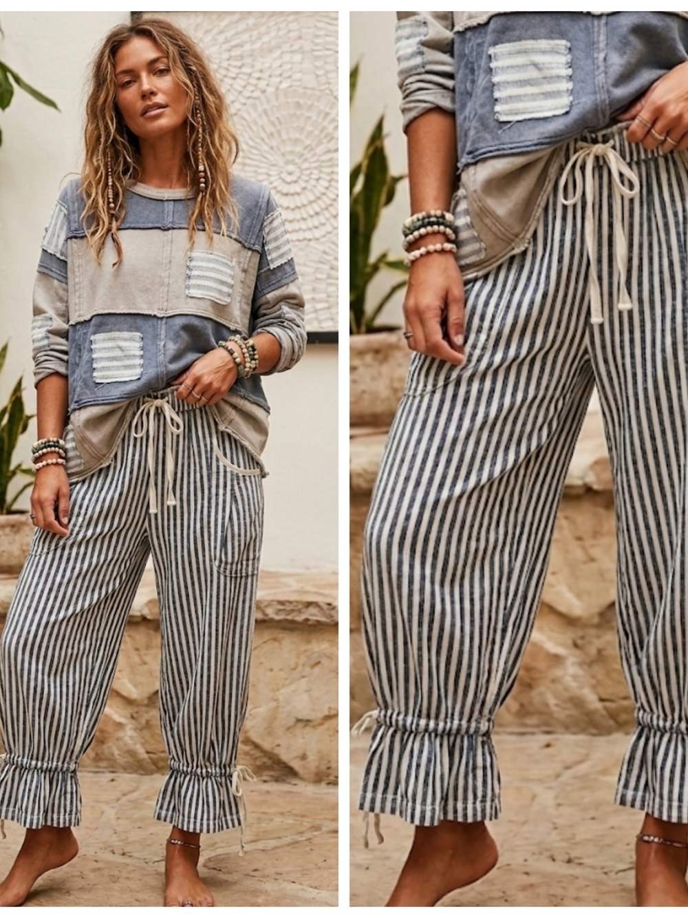 Casual Striped Drawstring Bloomers Pants - Blue/White